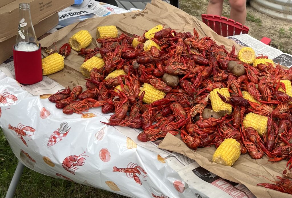 Crawfish and Miller High Life 